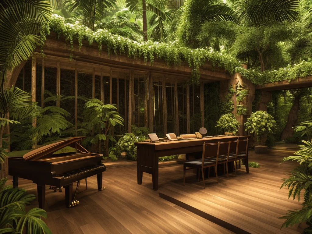 
cafe restaurant, a music stage in a cave, big stage, tone white, spotlights, natural lighting, musical equipment, guitars, pianos, drum sets, trumpets, realistic, surreal,
Wide space, trees around, glass windown big, Realistic,Photorealism, unreal engine 5 render, jungle, river, flowers, extremely detailed, colorful