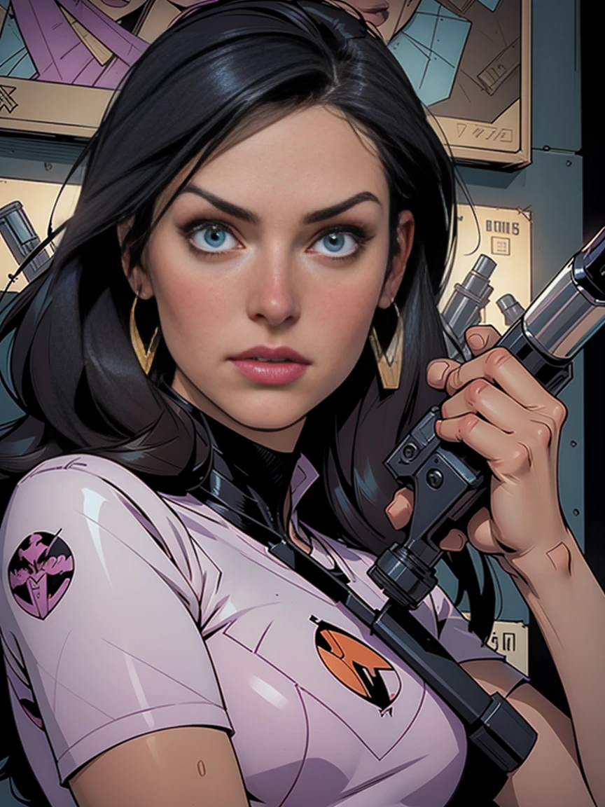 a close up of a woman holding a gun and a gun, kate bishop, mark waid, as illustrated in top cow comics, inspirado em Howard Chaykin, Adam Hughes, Chris Bachalo, No text, inspired by José Comas Quesada, valiant comics, valiant, zenoscope, rafael albuquerque comic art, Travis Charest, image comics