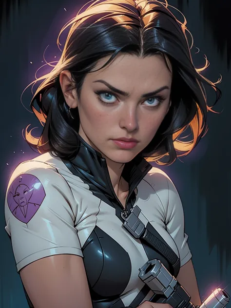 a close up of a woman holding a gun and a gun, kate bishop, mark waid, as illustrated in top cow comics, inspirado em howard cha...