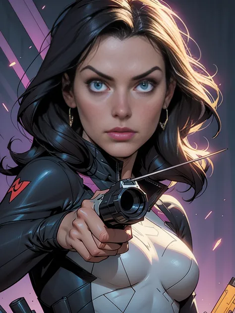 a close up of a woman holding a gun and a gun, kate bishop, mark waid, as illustrated in top cow comics, inspirado em howard cha...