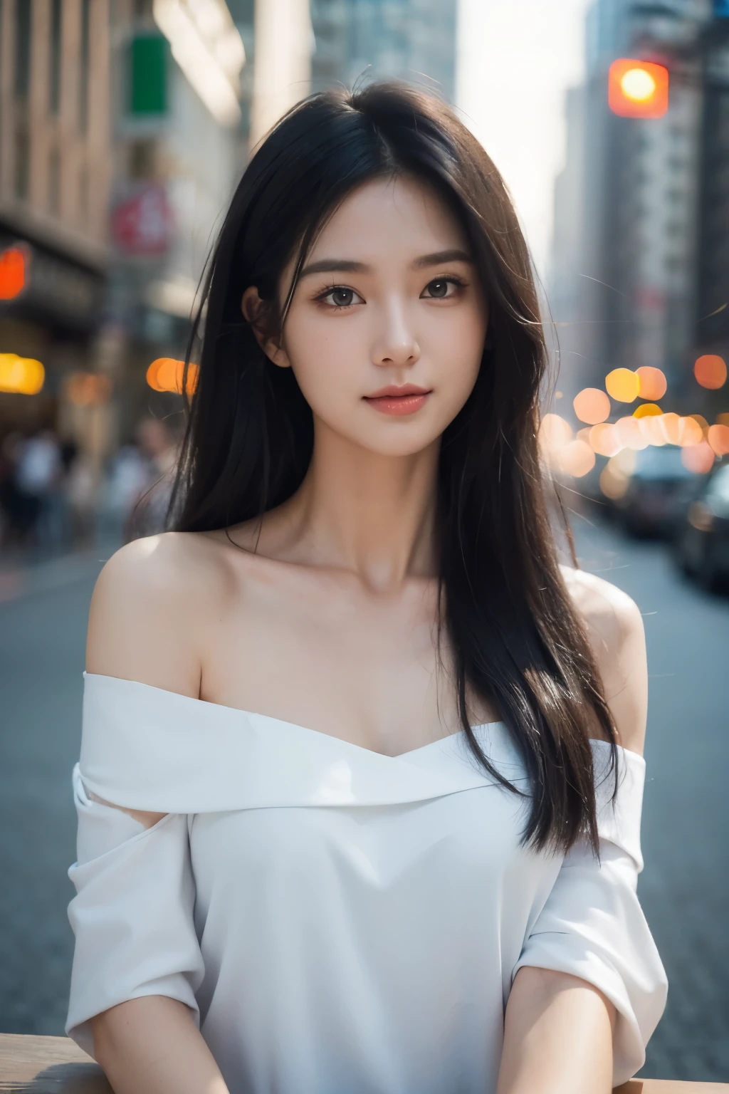 randome pose, mix4, (8K, Raw photography, top-quality, ​masterpiece: 1.45), (realisitic, Photorealsitic: 1.37), one girls, cute little, A smile、Cityscape, natta, profetional lighting, cafes,street,photon maping, Radio City, physically-based renderingt, Gradient black hair, white  hair, Semi-long loose hair, a handsome, girl with, large full breasts,Dress-off shoulder, top quality photo, hight resolution, 1080p, (clearface), (Detailed face description), (Detailed hand description), (​masterpiece), realisticlying, extreme light and shadows, dishevled hair, ​masterpiece, lush detail, (Fine facial features), (Highest Quality Photos), (​masterpiece), (finely eye), dual、Look in front of you, Fine clavicle,Emphasis on the armpits、Show lower milk