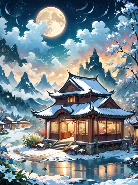 (masterpiece), (super detailed:1.3), best quality, (shiny:1.2), (a winter wonderland village in fantasy and mythology:1.4), (van...