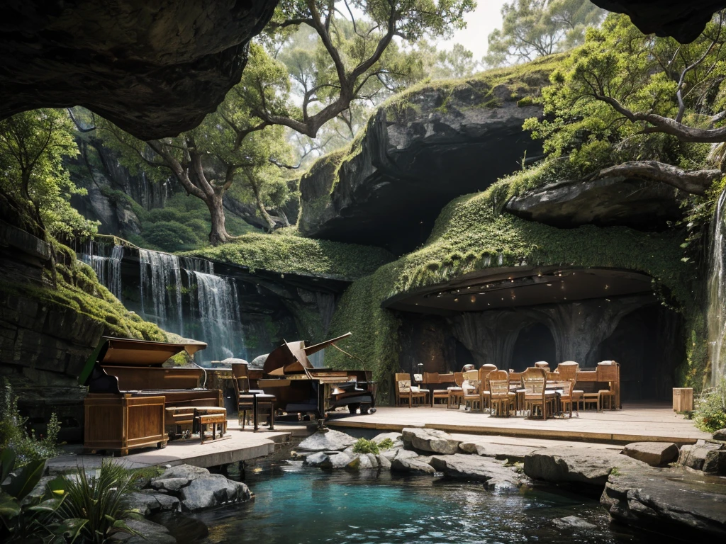 
cafe restaurant, a music stage in a cave, big stage, tone white, spotlights, natural lighting, musical equipment, guitars, pianos, drum sets, trumpets, realistic, surreal,
Wide space, trees around, glass windown big, Realistic,Photorealism