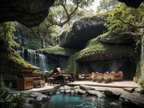 cafe restaurant, a music stage in a cave, big stage, tone white, spotlights, natural lighting, musical equipment, guitars, piano...