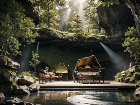 cafe restaurant, a music stage in a cave, big stage, tone white, spotlights, natural lighting, musical equipment, guitars, piano...