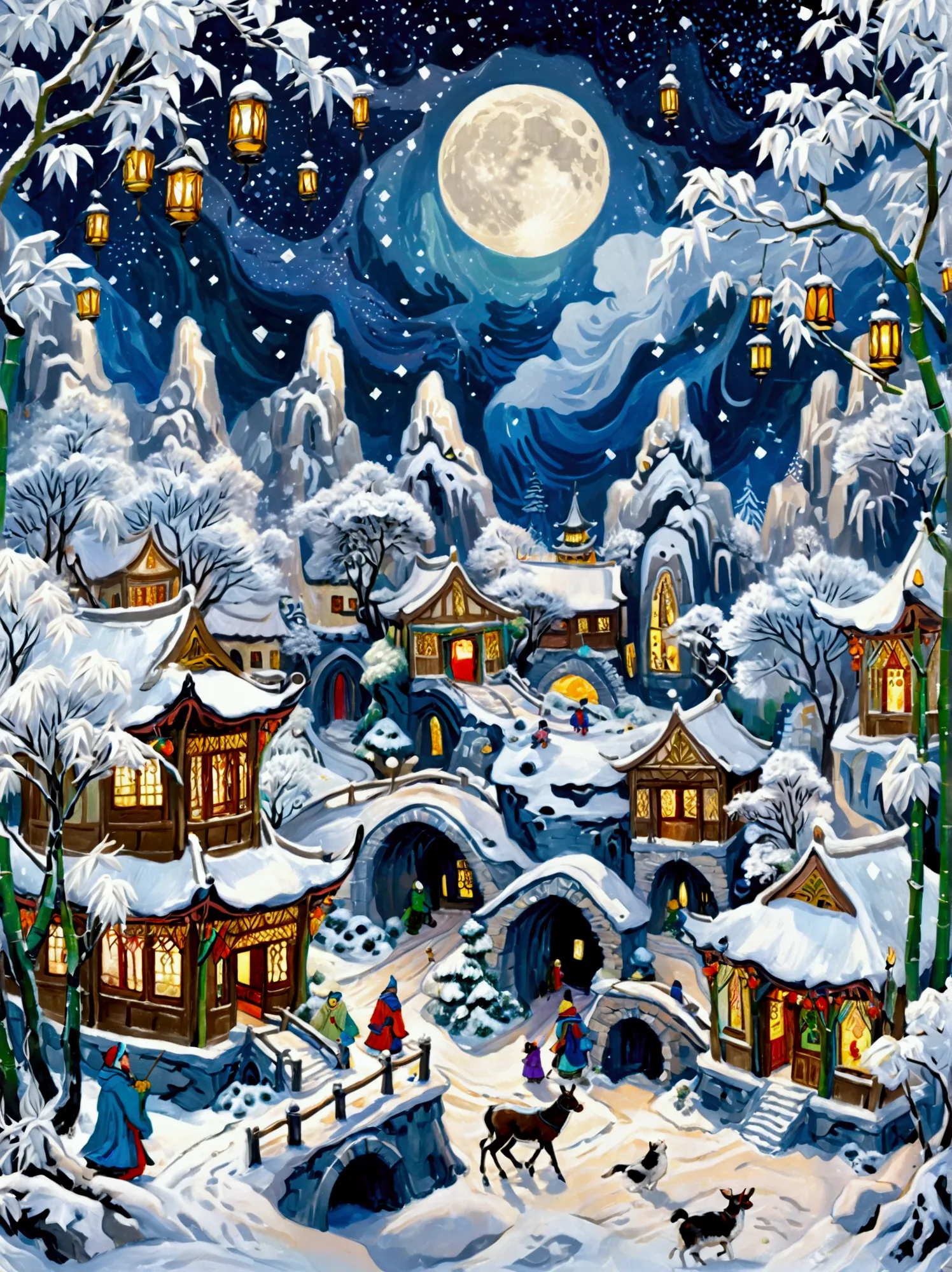 (masterpiece), (super detailed:1.3), best quality, (shiny:1.2), (a winter wonderland village in fantasy and mythology:1.4), (van...