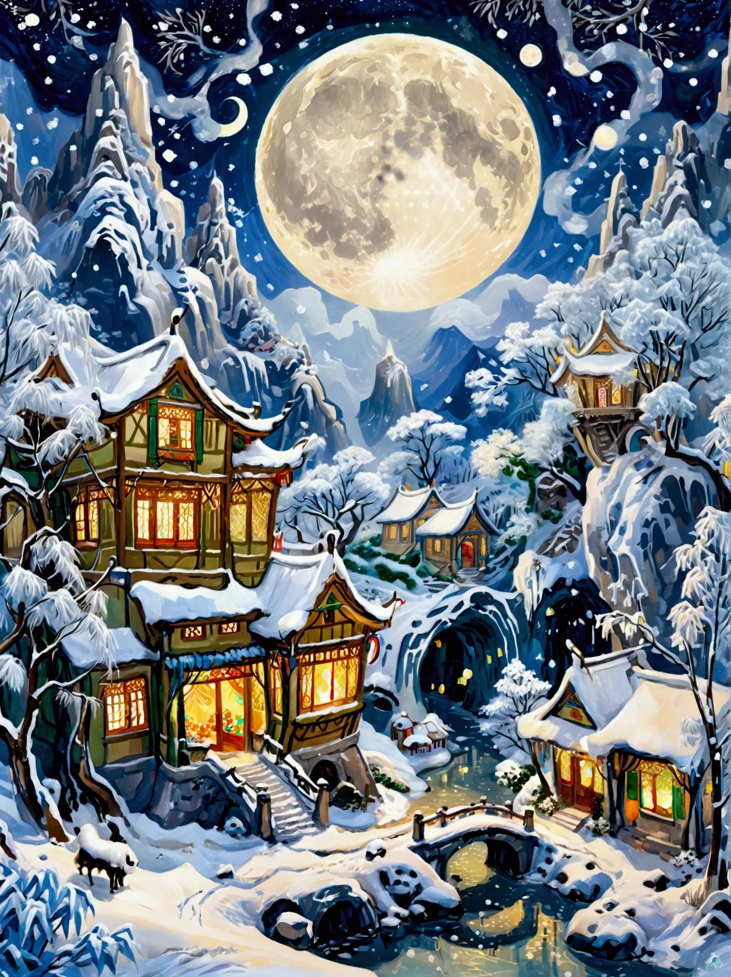 (masterpiece), (super detailed:1.3), best quality, (shiny:1.2), (a winter wonderland village in fantasy and mythology:1.4), (van...