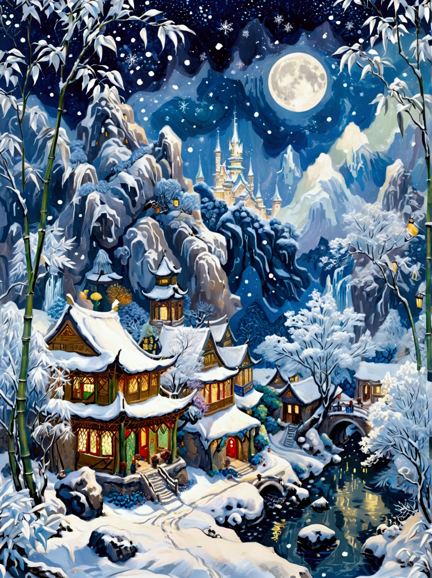 (masterpiece), (Super detailed:1.3), Best quality, (Shiny:1.2), (A winter wonderland village in fantasy and mythology:1.4), (Van Gogh style wonderland architecture：1.5), (The moon is empty), (Fresh，cold，Mountains，White mist，illusory，broad，bamboo forest，Frost Flower，diamond，breeze，Bamboo Leaves，Heaven，lake，ice，Lingzhi，ancient，pavilion，mural，Ride the clouds，sacred，peaceful，peaceful，extraordinary，beauty，peaceful，detail，energy，Pleasure，isolated，Treasure，nature，magic，creativity), Illustration style and decoration，Winter wonderland，Cute design style，night，Snowfield，Full Moon，Vivid colors，(Weird and charming fantasy), Hyperreal Portraits，(Fantasy-themed winter), (A strange wonderland), (Rich多彩，Landscape full of candy), (charming，magic的生物), (One full of energy，Palace surrounded by fog), (White Cloud Road), (Fairyland castle in the distance), (Like a mirror，不对称的masterpiece钟表配件), (Rich，Fantastical colors), (Twinkling Stars), promote，(four dimensional dream), (迷人charming氛围), (Playful composition), (生动的Light and shadow effects), 1.4 times more realistic，超High Definition，展现在这个beauty的场景中，(Very detailed，Reasonable design，Clear lines，High Definition，masterpiece，Official Art，Light and shadow effects，8k)