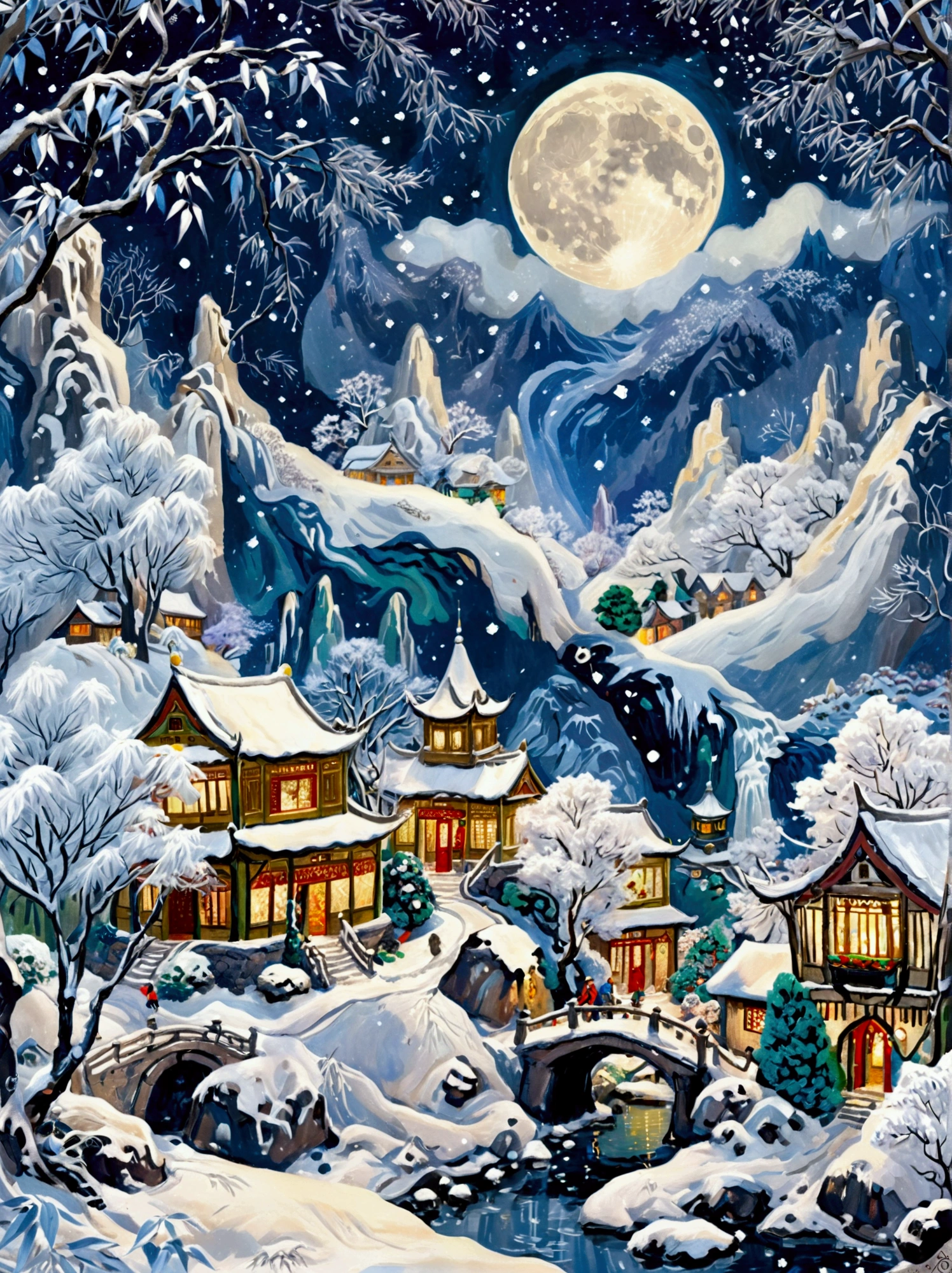 (masterpiece), (Super detailed:1.3), Best quality, (Shiny:1.2), (A winter wonderland village in fantasy and mythology:1.4), (Van Gogh style wonderland architecture：1.5), (The moon is empty), (Fresh，cold，Mountains，White mist，illusory，broad，bamboo forest，Frost Flower，diamond，breeze，Bamboo Leaves，Heaven，lake，ice，Lingzhi，ancient，pavilion，mural，Ride the clouds，sacred，peaceful，peaceful，extraordinary，beauty，peaceful，detail，energy，Pleasure，isolated，Treasure，nature，magic，creativity), Illustration style and decoration，Winter wonderland，Cute design style，night，Snowfield，Full Moon，Vivid colors，(Weird and charming fantasy), Hyperreal Portraits，(Fantasy-themed winter), (A strange wonderland), (Rich多彩，Landscape full of candy), (charming，magic的生物), (One full of energy，Palace surrounded by fog), (White Cloud Road), (Fairyland castle in the distance), (Like a mirror，不对称的masterpiece钟表配件), (Rich，Fantastical colors), (Twinkling Stars), promote，(four dimensional dream), (迷人charming氛围), (Playful composition), (生动的Light and shadow effects), 1.4 times more realistic，超High Definition，展现在这个beauty的场景中，(Very detailed，Reasonable design，Clear lines，High Definition，masterpiece，Official Art，Light and shadow effects，8k)