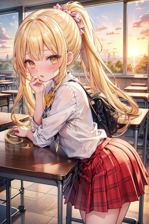 masterpiece, best quality, nsfw,
 2girl, kiss, 
 summer , plaid skirt, yellow hair, ponytail, embarrassed face, 
 classroom, sun...