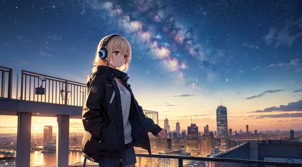 ((masterpiece)),(((bestquality))),((ultra-detailed)),octans, sky, star (sky), scenery, starry sky, night, 1girl, wearing headphone,stands on the rooftop, night sky, solo, outdoors, building, cloud, milky way