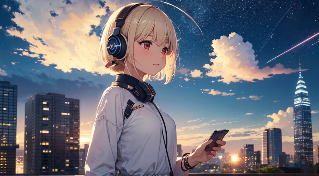 ((masterpiece)),(((bestquality))),((ultra-detailed)),octans, sky, star (sky), scenery, starry sky, night, 1girl, wearing headphone,stands on the rooftop, night sky, solo, outdoors, building, cloud, milky way