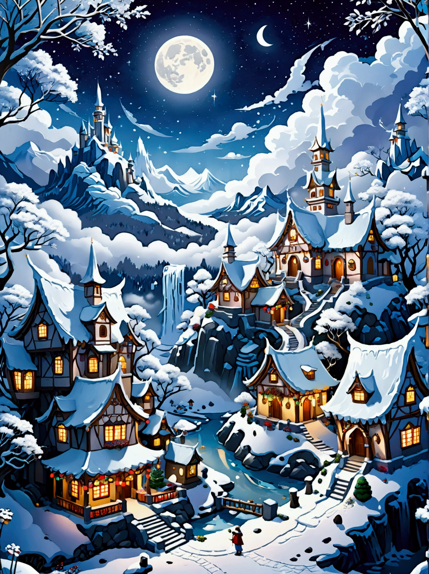 (masterpiece), (Super detailed:1.3), Best quality, (Shiny:1.2), (A winter wonderland village in fantasy and mythology:1.4), (Van Gogh style wonderland architecture：1.5), (The moon is empty), (Fresh，cold，Mountains，White mist，illusory，broad，bamboo forest，Frost Flower，diamond，breeze，Bamboo Leaves，Heaven，lake，ice，Lingzhi，ancient，pavilion，mural，Ride the clouds，sacred，peaceful，peaceful，extraordinary，beauty，peaceful，detail，energy，Pleasure，isolated，Treasure，nature，magic，creativity), Illustration style and decoration，Winter wonderland，Cute design style，night，Snowfield，Full Moon，Vivid colors，(Weird and charming fantasy), Hyperreal Portraits，(Fantasy-themed winter), (A strange wonderland), (Rich多彩，Landscape full of candy), (charming，magic的生物), (One full of energy，Palace surrounded by fog), (White Cloud Road), (Fairyland castle in the distance), (Like a mirror，不对称的masterpiece钟表配件), (Rich，Fantastical colors), (Twinkling Stars), promote，(four dimensional dream), (迷人charming氛围), (Playful composition), (生动的Light and shadow effects), 1.4 times more realistic，超High Definition，展现在这个beauty的场景中，(Very detailed，Reasonable design，Clear lines，High Definition，masterpiece，Official Art，Light and shadow effects，8k)