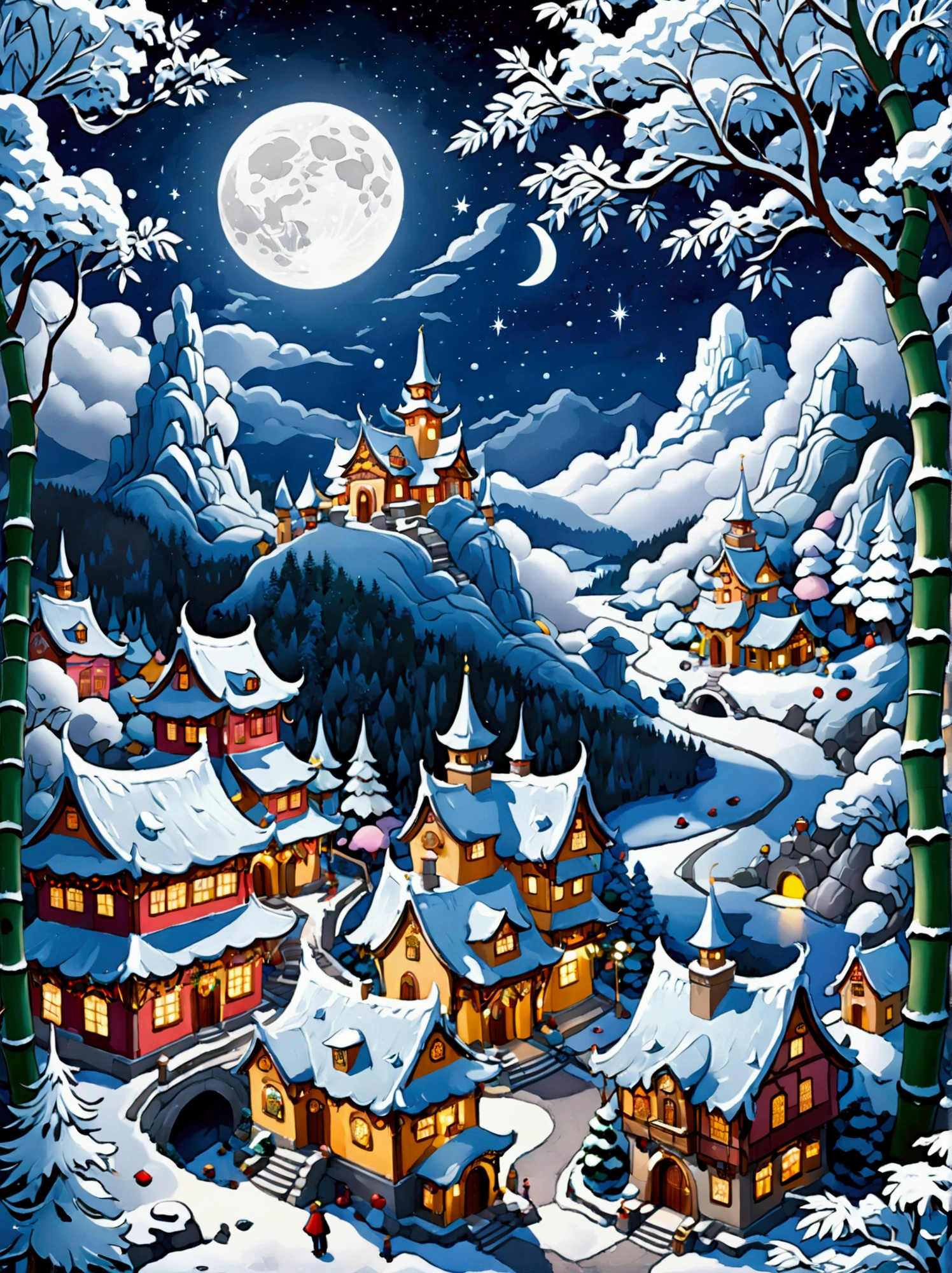 (masterpiece), (Super detailed:1.3), Best quality, (Shiny:1.2), (A winter wonderland village in fantasy and mythology:1.4), (Van Gogh style wonderland architecture：1.5), (The moon is empty), (Fresh，cold，Mountains，White mist，illusory，broad，bamboo forest，Frost Flower，diamond，breeze，Bamboo Leaves，Heaven，lake，ice，Lingzhi，ancient，pavilion，mural，Ride the clouds，sacred，peaceful，peaceful，extraordinary，beauty，peaceful，detail，energy，Pleasure，isolated，Treasure，nature，magic，creativity), Illustration style and decoration，Winter wonderland，Cute design style，night，Snowfield，Full Moon，Vivid colors，(Weird and charming fantasy), Hyperreal Portraits，(Fantasy-themed winter), (A strange wonderland), (Rich多彩，Landscape full of candy), (charming，magic的生物), (One full of energy，Palace surrounded by fog), (White Cloud Road), (Fairyland castle in the distance), (Like a mirror，不对称的masterpiece钟表配件), (Rich，Fantastical colors), (Twinkling Stars), promote，(four dimensional dream), (迷人charming氛围), (Playful composition), (生动的Light and shadow effects), 1.4 times more realistic，超High Definition，展现在这个beauty的场景中，(Very detailed，Reasonable design，Clear lines，High Definition，masterpiece，Official Art，Light and shadow effects，8k)