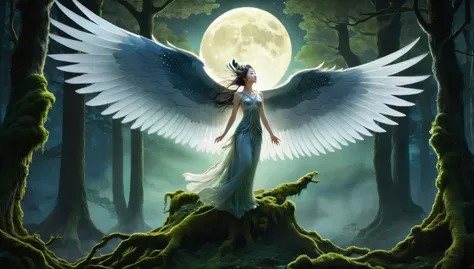 A hauntingly beautiful Empousai, a mythical creature with the body of a woman and the wings of a bird, stands majestically against a backdrop of a moonlit forest. Her ethereal, glowing eyes pierce the darkness, while her feathered wings are spread wide, casting long, dramatic shadows. The forest, filled with ancient trees and glowing moss, adds an air of mystery and enchantment to the scene.