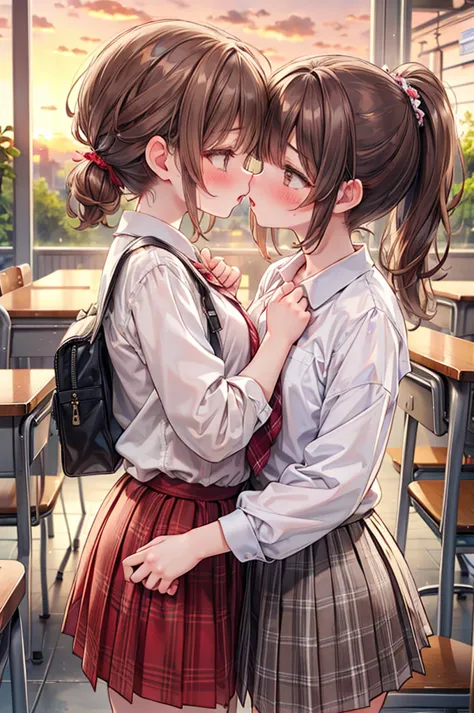 masterpiece, best quality, nsfw,
 2girl, kiss, 
 summer , plaid skirt, brown hair, ponytail, embarrassed face, 
 classroom, suns...