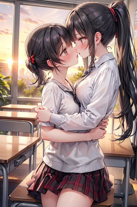 masterpiece, best quality, nsfw,
 2girl, kiss, 
 summer , plaid skirt, black hair, ponytail, embarrassed face, 
 classroom, suns...