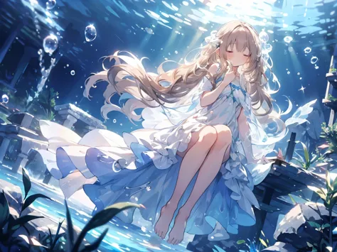 sleep, an artwork of a woman in white dress and flowing white hair under water, 1 girl, dress, underwater, alone, long hair, clo...