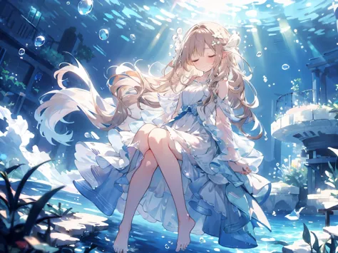 sleep, an artwork of a woman in white dress and flowing white hair under water, 1 girl, dress, underwater, alone, long hair, clo...