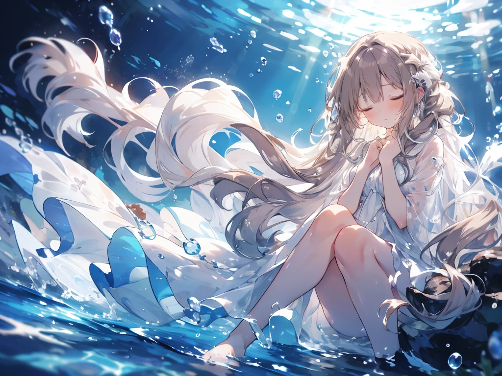 sleep, an artwork of a woman in white dress and flowing white hair under water, 1 girl, dress, Underwater, alone, Long Hair, close your eyes, Brown Hair, air bubble, barefoot, bubble