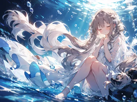 sleep, an artwork of a woman in white dress and flowing white hair under water, 1 girl, dress, Underwater, alone, Long Hair, clo...