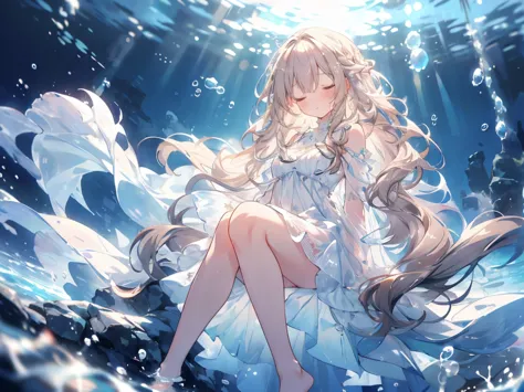 sleep, an artwork of a woman in white dress and flowing white hair under water, 1 girl, dress, underwater, alone, long hair, clo...