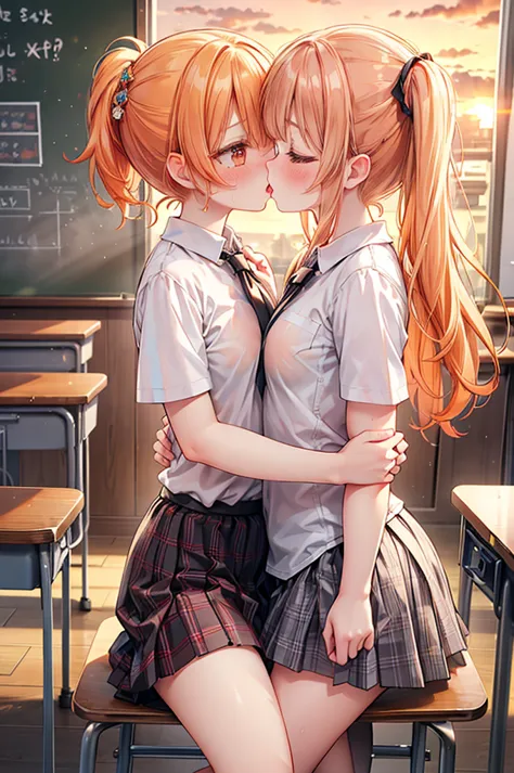 masterpiece, best quality, nsfw,
 2girl, kiss, 
 summer , plaid skirt, orange hair, ponytail, embarrassed face, 
 classroom, sun...