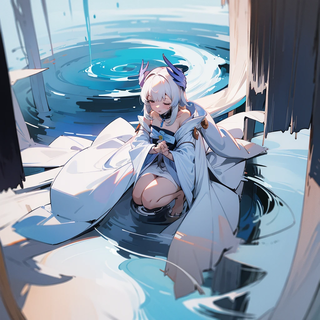 A girl in a white robe，The bottom of the white robe can touch the ground，Right，The hood of the white robe is worn on the head，White hair about waist length，Barefoot，Blindfolded with white cloth