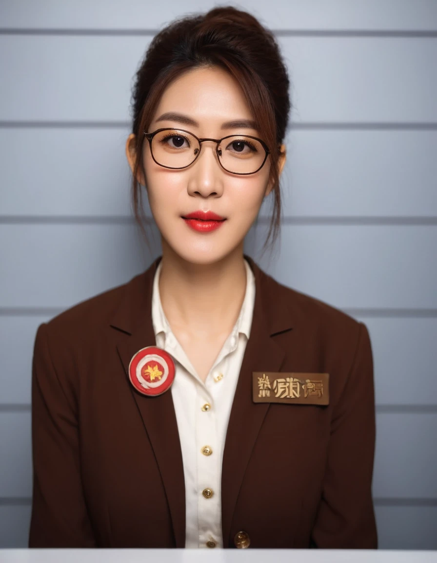 arafed woman in a brown jacket and glasses with a red pin, yanjun chengt, professional cosplay, wenfei ye, inspired by Kim Jeong-hui, inspired by Yao Tingmei, with glasses, lu ji, jaeyeon nam, qifeng lin, wearing a suit and glasses, inspired by Min Zhen, li zixin, inspired by Yanjun Cheng, (highly detailed face:1.4) (smile:0.7) (background inside dark, moody, private study:1.3) POV, by lee jeffries, nikon d850, film stock photograph ,4 kodak portra 400 ,camera f1.6 lens ,rich colors ,hyper realistic ,lifelike texture, dramatic lighting , cinestill 800