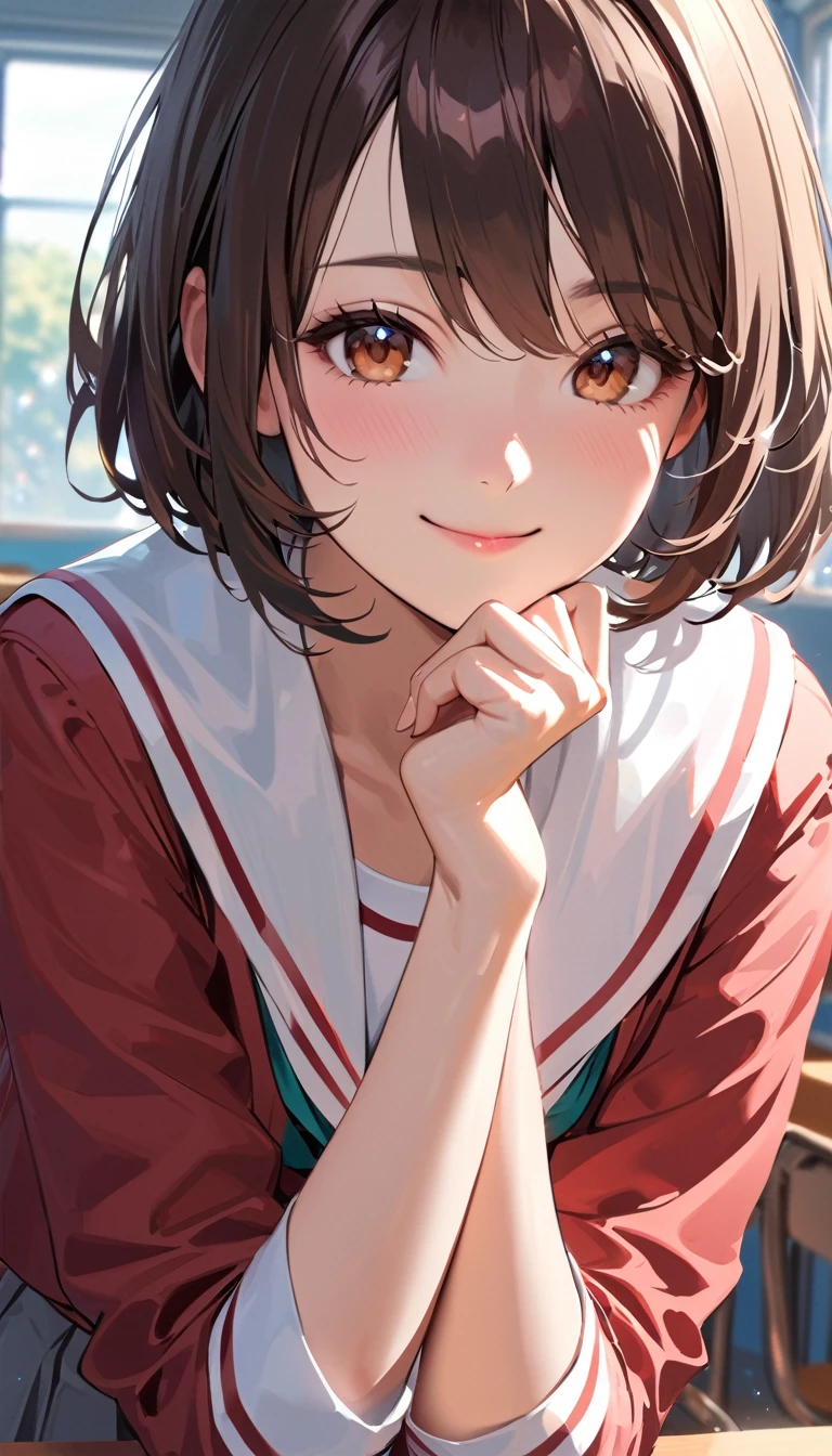 Verism, super detail, best quality, A beautiful woman ,Short Bob,Dark brown hair ,Sailor suit, she is resting her chin on her hand, looking at the camera, smile, The setting is inside a high school classroom during the day.