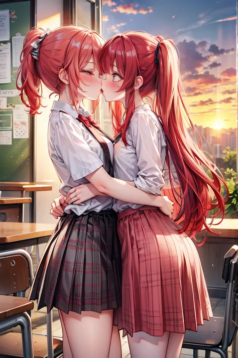 masterpiece, best quality, nsfw,
 2girl, kiss, 
 summer , plaid skirt, red hair, ponytail, embarrassed face, 
 classroom, sunset...