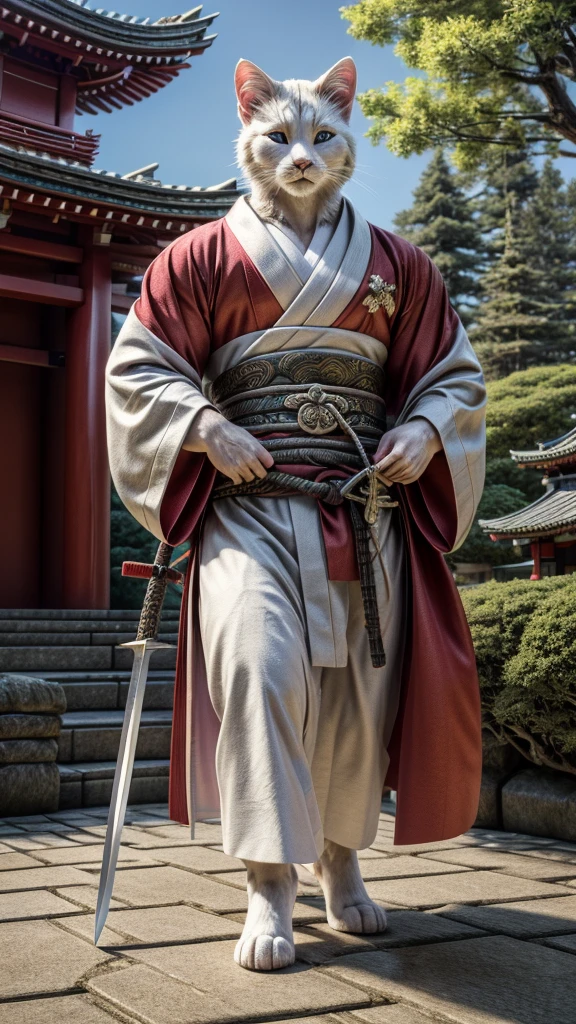 (((8k))), (((High resolution))),((Highest quality)),A white cat wearing a kimono,muscle,Bipedal,upright,Short,3 heads,Serious face,samurai,Pulling out the sword,Shrine garden,SakuraFubuki,Ultra-realistic,8k,Ultra-fine,Super detailed