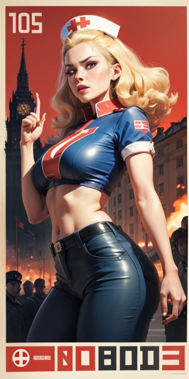 ((zombie nurse)), CCCP poster, soviet poster, USSR Flag in background, USSR Poster, Soviet Union poster, October Revolution, ((CCCP Poster, Soviet Poster)) (blond 1 mature zombie nurse holding up her hand in the air) propaganda Poster, poster, Soviet flag on pole, blue sky with fighter jet, (bikini uniform), solo, good body, Poster design, poster art style. 1980s, 1950s, 1960s, basic color scheme, very colorful poster, color art, thirds rule, inspiring, general, military officer, woman, 1 mature girl, hair blowing in the wind, hand high in the air, revolutionary, pointing with finger, red square backdrop, thick legs, ((hips focus)), lowangleview-3000