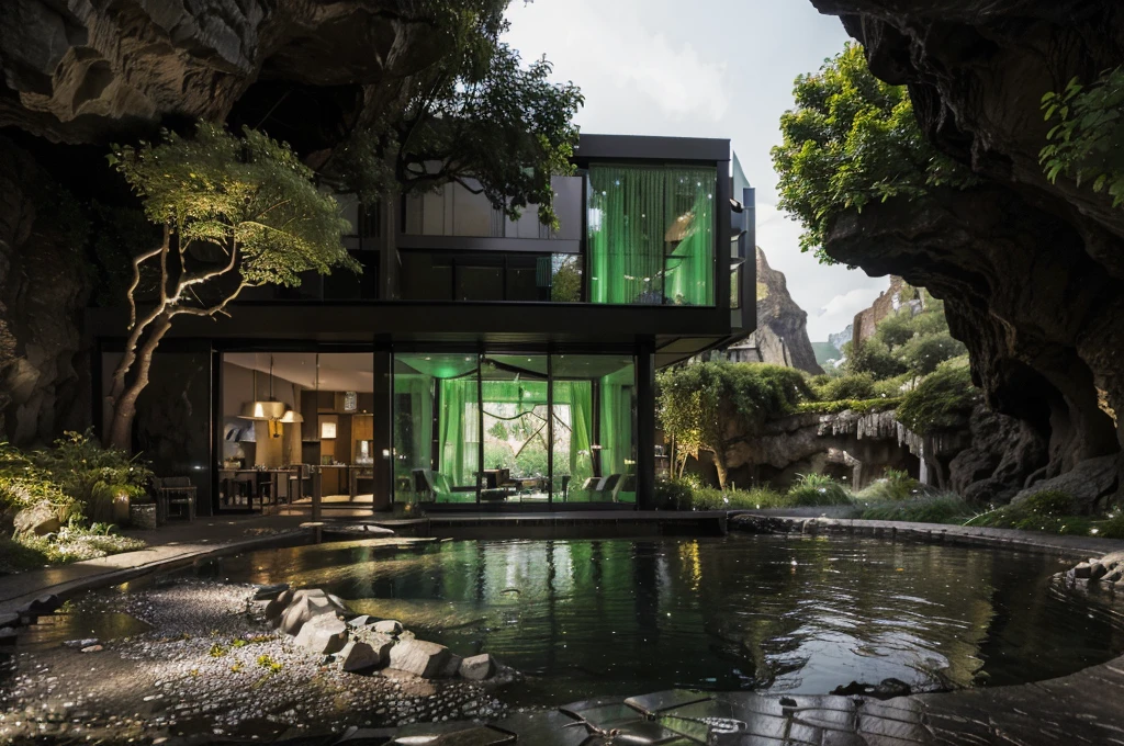 Le café-restaurant est situé dans une grotte surplombant la rue, (vue de la rue vers la grotte: 1.2), plantes grimpantes, des arbres verdoyants environnants, temps frais, chambre de style moderne, grandes portes vitrées, (un paysage thermique parfumé),