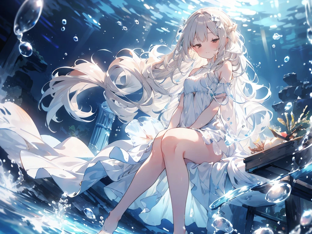 schlafen, an artwork of a woman in white Kleid and flowing white hair under water, 1 Mädchen, Kleid, Unterwasser, allein, lange Haare, braune Haare, air Blase, barfuß, Blase