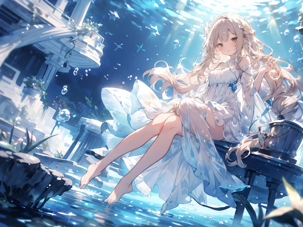 sleep, an artwork of a woman in white dress and flowing white hair under water, 1 girl, dress, Underwater, alone, Long Hair, Brown Hair, air bubble, barefoot, bubble