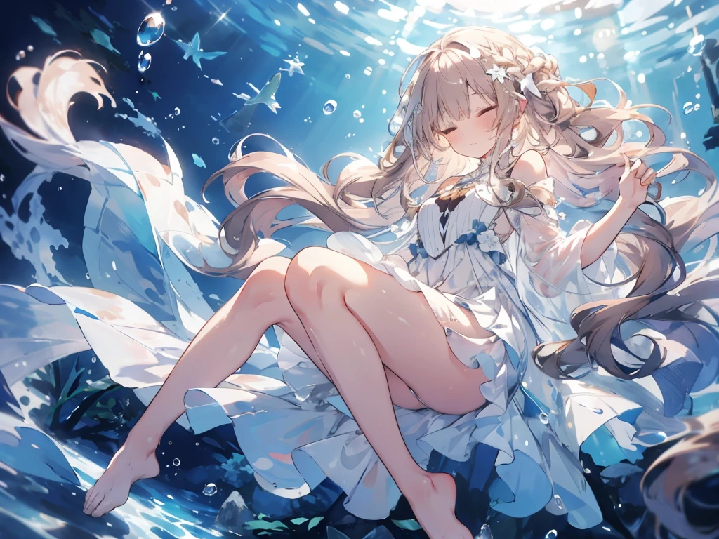 sleep, an artwork of a woman in white dress and flowing white hair under water, 1 girl, dress, Underwater, alone, Long Hair, Brown Hair, air bubble, barefoot, bubble