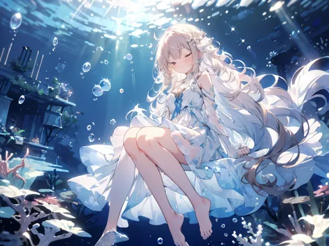 sleep, an artwork of a woman in white dress and flowing white hair under water, 1 girl, dress, underwater, alone, long hair, bro...