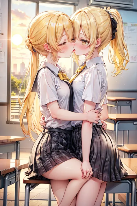 masterpiece, best quality, nsfw,
 2girl, kiss, 
 summer , plaid skirt, yellow hair, ponytail, embarrassed face, 
 classroom, sun...