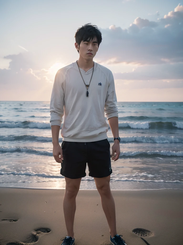 (Superscharfer Fokus), (haarige Beine), (((Ganzkörper))), Japanischer Mann, 20 Jahre alt, sehr kurze Haare, schwarzes Haar, Shorts tragen, Sitzung, Ein Gemälde eines muskulösen jungen Mannes, der am Strand steht und den Sonnenuntergang beobachtet. Im Gegenlicht, verwandelt sich der junge Mann in einen dunklen Schatten. Der junge Mann ist ein High-School-Schüler mit langem Pony., Sie zeigt ihren riesigen, runden, muskulösen Arsch. Anime-Serie, Makoto Shinkai Cyril Rolland, Inspiriert von Cyril Rolland, Anime-Serieーションアート壁紙 4K, Himmelblau und Pfirsich Abstufung. Möwen fliegen. Schöne Illustrationen mit einer zarten Note.