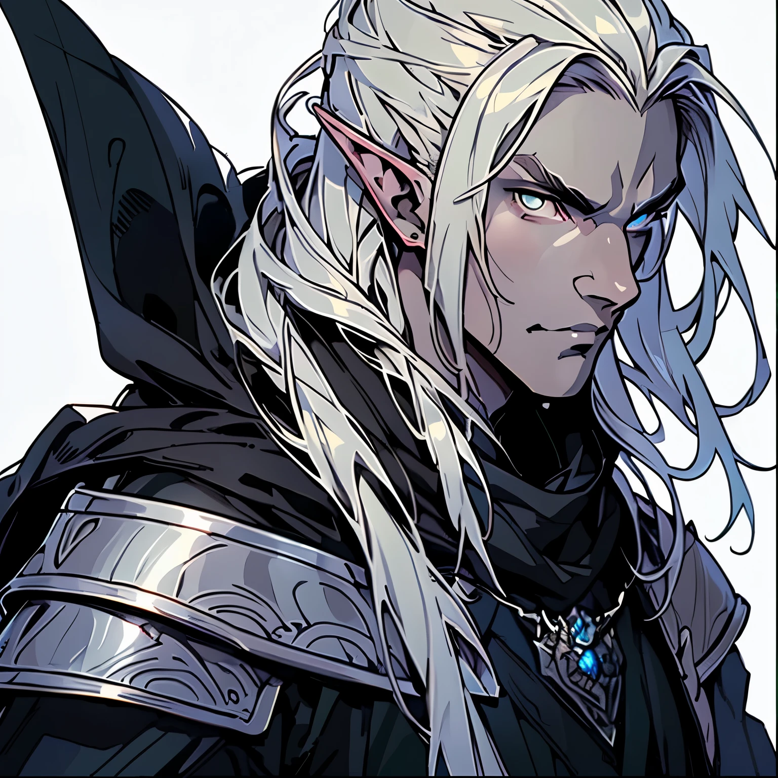 anime, masterpiece, best quality, by professional artist, male, solo, full body portrait, detailed composition, detailed eyes, white background, long light blond undercut hair, elf, grey eyes, serious face, hair covering one eye, black cloak, medieval armor, green eyes