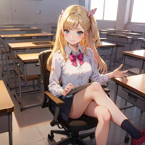 Blond girl, In class, Sitting on desk, With a pink bow on her hear. wearing black , smiling