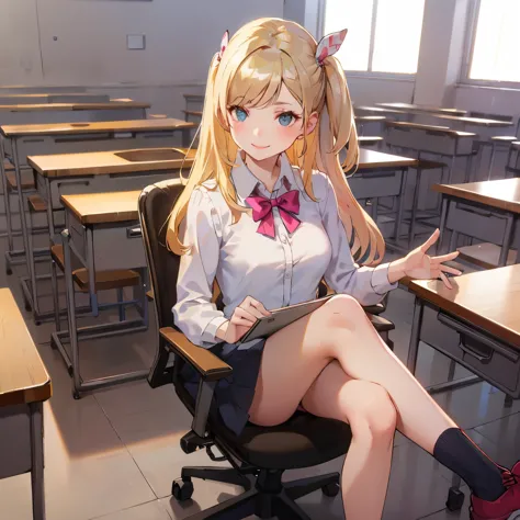 blond girl, in class, sitting on desk, with a pink bow on her hear. wearing black , smiling