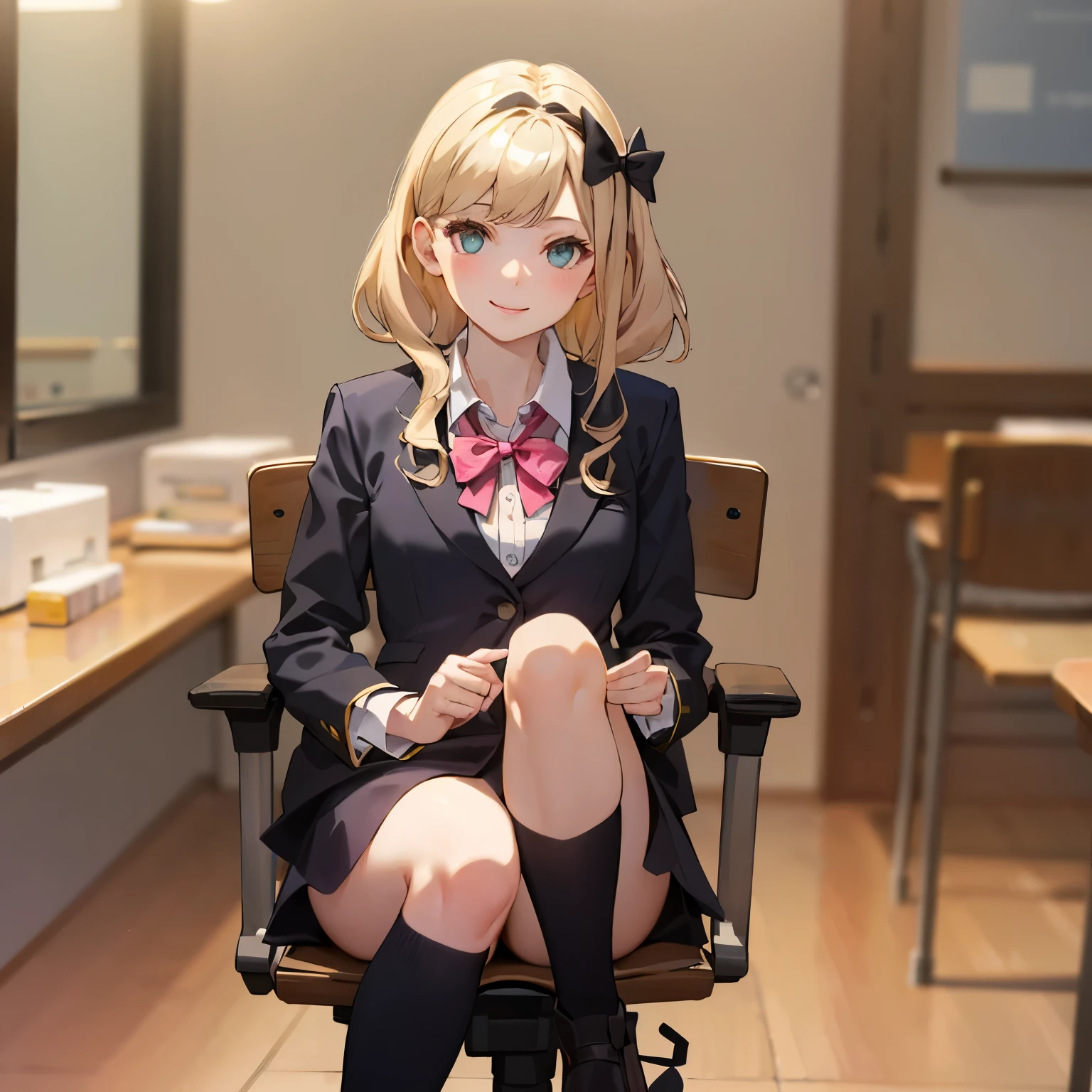 Blond girl, In class, Sitting on desk, With a pink bow on her hear. wearing black , smiling