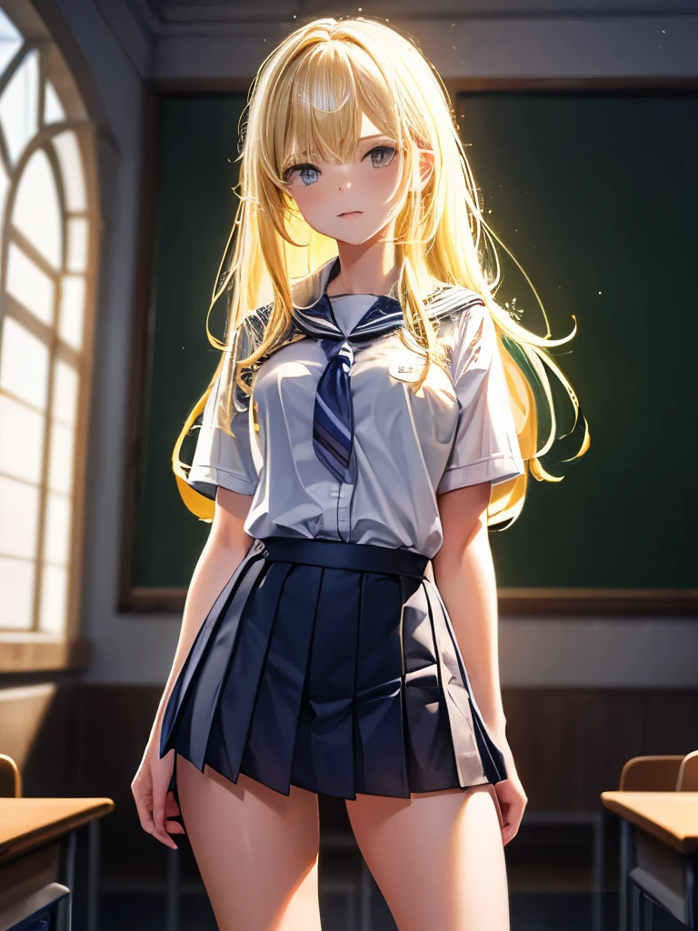 17-year-old female,, ((In the classroom)), ((school uniform)), 8k wallpaper, (Realistic: 1.37, Realistic), 非常に詳細な統合CG 8k wallpaper, One girl, (((Perfect body: 1.1)), (Medium chest: 1.2), Looking at the audience, (((Straight from the front)))), (high qualityスキン:1.2, Glowing Skin), 8K Ultra HD, Digitally Remastered, Soft lighting, high quality, Film Grain,, ((whole body:  0.8)), (Professional Lighting:1.4) ,