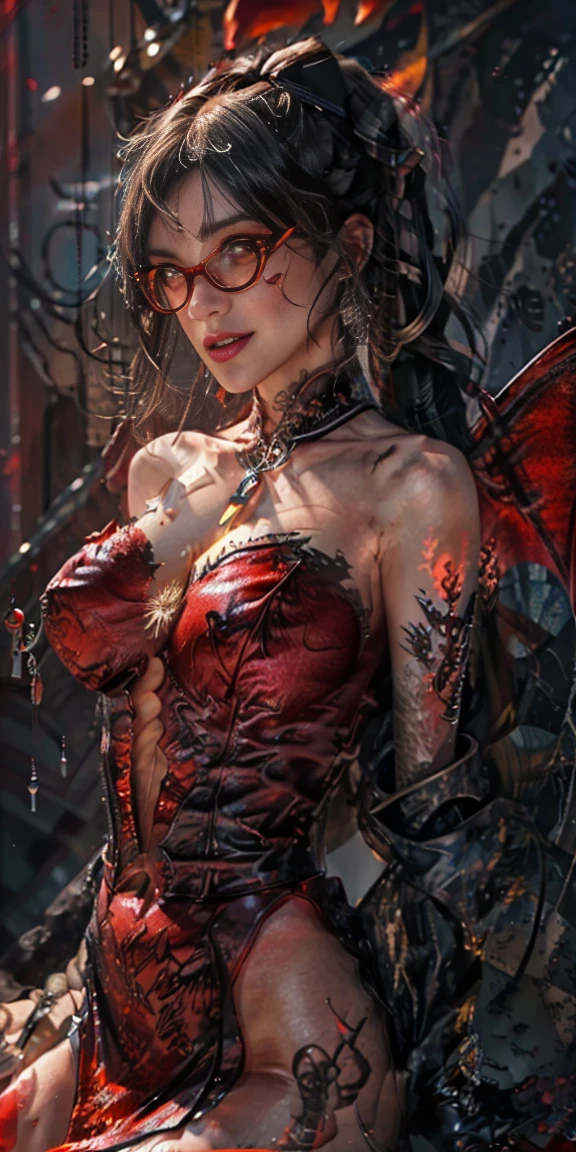 (The best illustrations)、realisitic、ultra-detailliert、The best lighting、Best Shadows、alluring succubus, ethereal beauty, perched on a cloud, (fantasy illustration:1.3), enchanting gaze, captivating pose, delicate wings, otherworldly charm, mystical sky, (Luis Royo:1.2), (Yoshitaka Amano:1.1), Dungeon and Dragon、caves、Dungeon、 A Necromancer、natta、Dark style、Succubus、Devil's Daughter、Bat Wings，(((Demon Hornlack-rimmed round glasses))))、(red eyes glowing:1.6)、​beautiful countenance、Tindall Effect、(High Detail Skins:1.2) absurderes、Ponytail distortion、jewely、Beautiful expression、Toned waist、Wide buttocks、Tindall Effectmasuter piece、top-quality、Highest Standards、Top image quality、masutepiece、intricate detailes、High resolution、Depth Field、natural soft light、profetional lighting、Great smile、(High Detail Skin: 1.2)、photorealistic anime girl render、Strong highlights of the eyes、Perfect Anatomy、crotch open、Shy、Spreading your legs、Panties are visible、Skirt flipping、Body shiny with oilerectile nipple))、8K resolution、intricate clothing、Intricate details