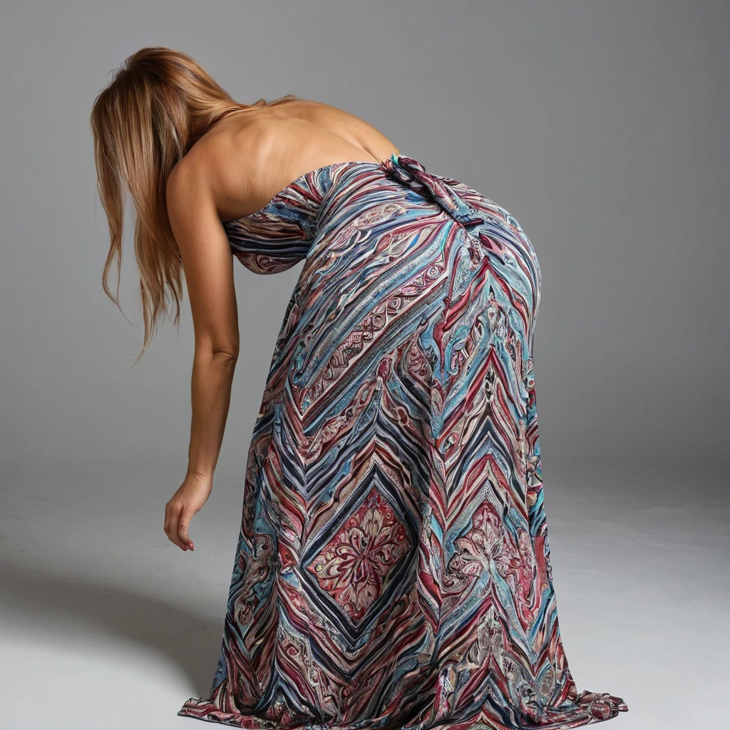 woman bending over in a maxi dress, top rear view angle - SeaArt AI