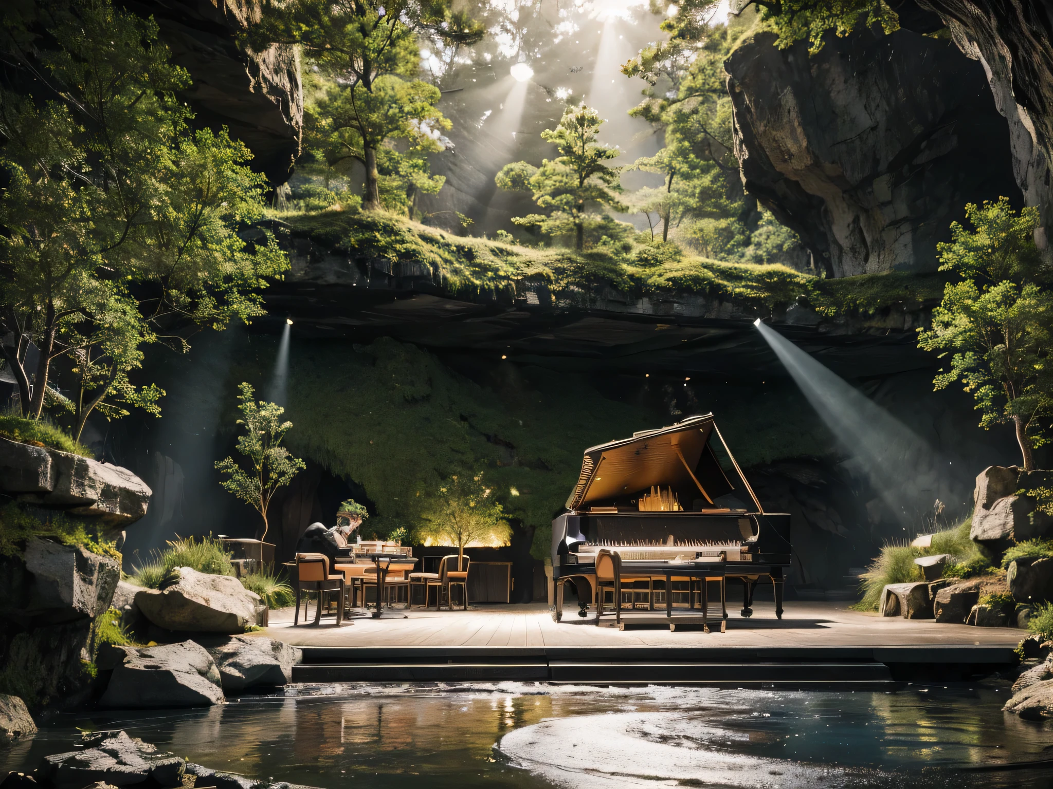 
cafe restaurant, a music stage in a cave, big stage, tone white, spotlights, natural lighting, musical equipment, guitars, pianos, drum sets, trumpets, realistic, surreal,
Wide space, trees around, glass windown big, Realistic,Photorealism