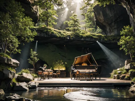 cafe restaurant, a music stage in a cave, big stage, tone white, spotlights, natural lighting, musical equipment, guitars, piano...