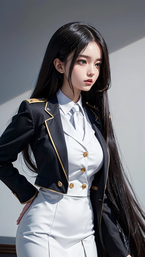 a portrait photo, beautiful face, All white outfit, military uniform, military rank insignia, business woman, beautiful woman, Wear a suit and tie, short skirt suit, business suitwhite, กระโปรงดินสอสั้นwhite, business suitรัดรูป, All white outfit, Emphasize the curves of the body, (Beautiful girl with two meter long hair, my hair is very long., extra long hair, black hair), business suit, (Italian style suit, two button suit), (Italian suit, white สูท, Set of two buttons), (wearing a women&#39;s suit, Business Women Suit, white), (สูทผู้หญิงwhite), (เสื้อเชิ้ตwhite), necktie, (necktieสั้นสีดำ, necktieสีดำ, necktieผอม, ถักnecktie), (military rank insignia), (Short pencil skirtwhite), (Dynamic posts), full body, (A gigantic rift), (big breasts, thin body, small waist, hips raised, small thighs, Long legs), high-heelsสีดำ, (Short pencil skirt, white), Wearing a suit for a business woman, (Wearing a white businesสูท, business suitหญิงwhite), (tight, military regalia, เสื้อwhite, กระโปรงwhite), Long legs, (black shoes), (Form fitting suit, เสื้อสูทwhiteทรงธรรมดารัดรูป), (black shoes, high-heels), (stand, walk, elegant gesture, Dynamic posts), short dress, earring, Slick legs, black shoes, Modeling,